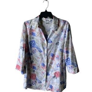 Alia Shirt Womens 14 American Flag Patriotic AOP Long Sleeve Collared Button Up